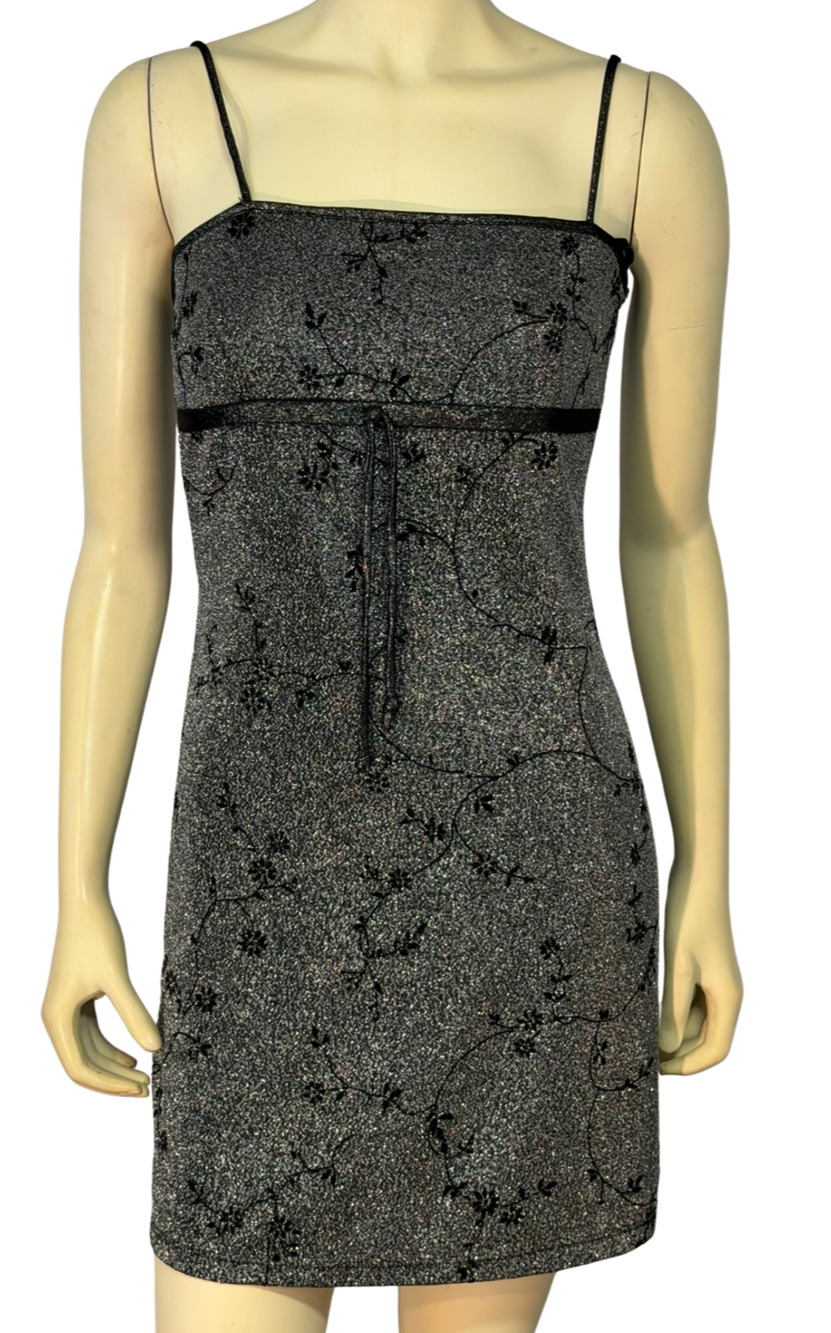 Vintage 90s Candy Rocket Sz M (Fits S) Metallic Black Babydoll Slip Dress Mini